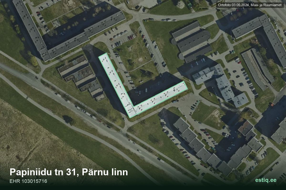 Papiniidu tänav 31, Pärnu – hoone aerofoto, kontuur ehitisregistri (EHR) andmetest