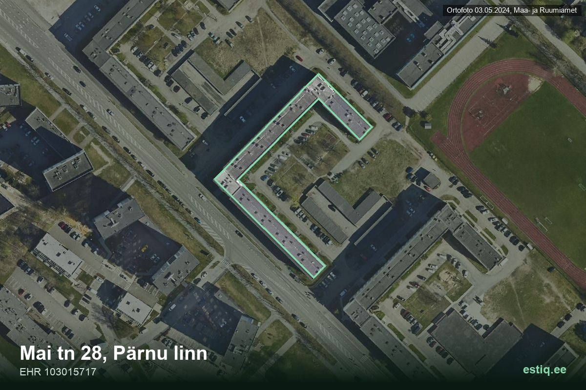 Mai tänav 28, Pärnu – hoone aerofoto, kontuur ehitisregistri (EHR) andmetest