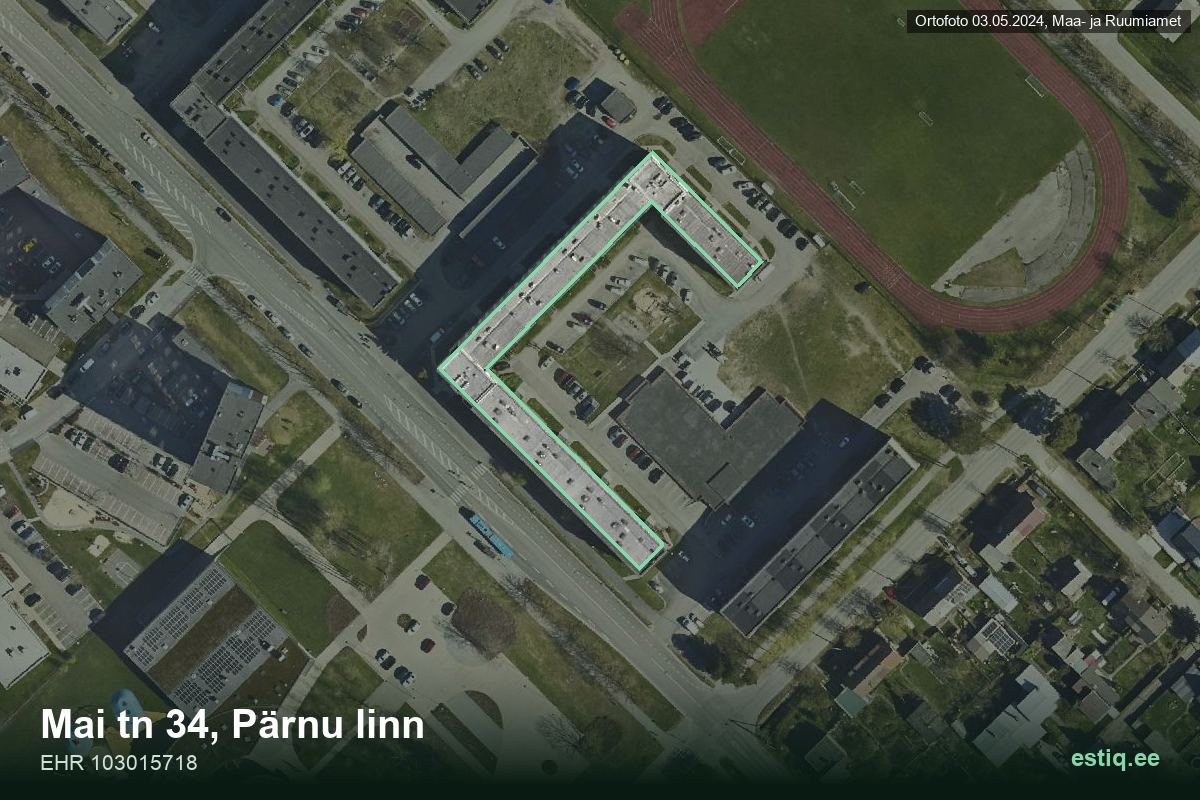 Mai tänav 34, Pärnu – hoone aerofoto, kontuur ehitisregistri (EHR) andmetest