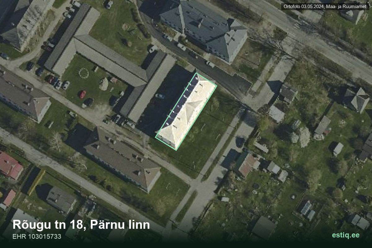 Rõugu tänav 18, Pärnu – hoone aerofoto, kontuur ehitisregistri (EHR) andmetest