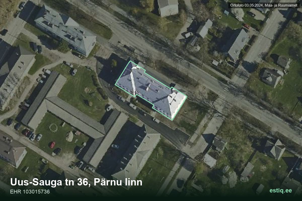 Uus-Sauga tänav 36, Pärnu – ilmakuva rakennuksesta, ääriviiva rakennusrekisteristä (EHR)