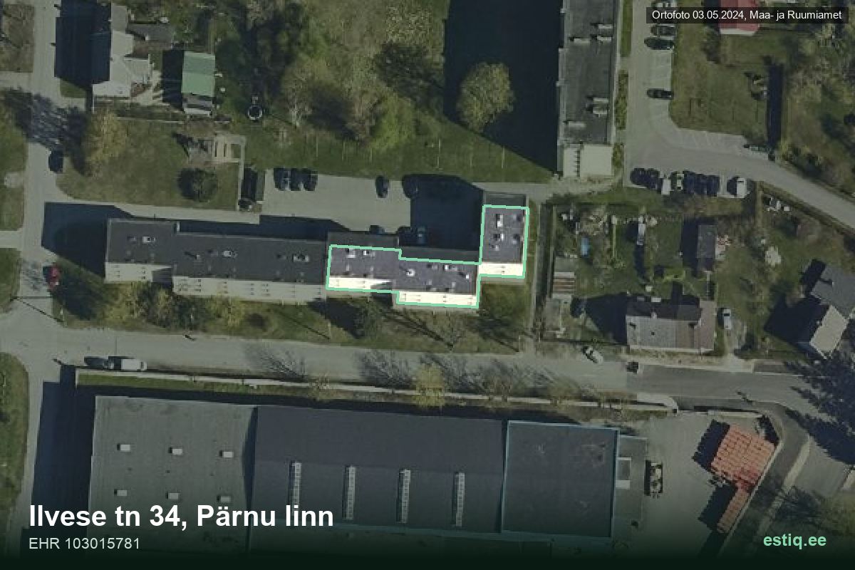 Ilvese tänav 34, Pärnu – аэрофото дома, контур по данным регистра строений (EHR)