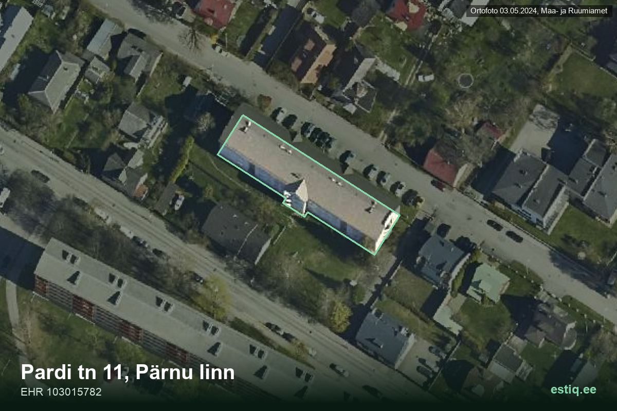 Pardi tänav 11, Pärnu – hoone aerofoto, kontuur ehitisregistri (EHR) andmetest