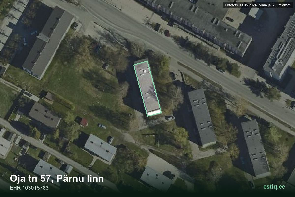 Oja tänav 57, Pärnu – hoone aerofoto, kontuur ehitisregistri (EHR) andmetest
