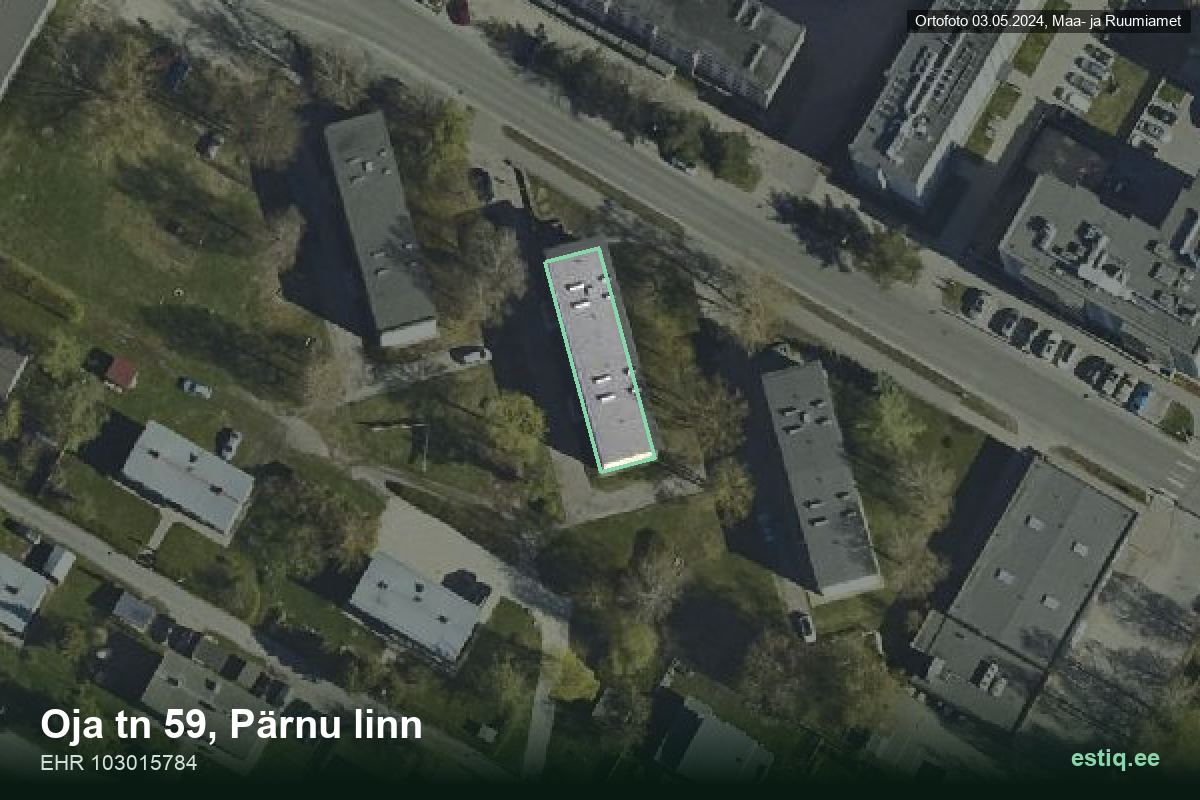 Oja tänav 59, Pärnu – hoone aerofoto, kontuur ehitisregistri (EHR) andmetest