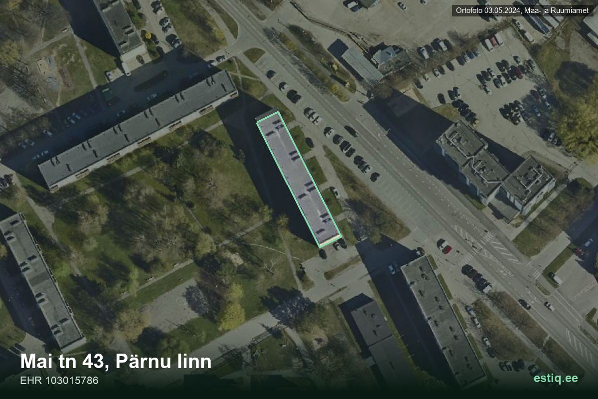 Mai tänav 43, Pärnu – hoone aerofoto, kontuur ehitisregistri (EHR) andmetest