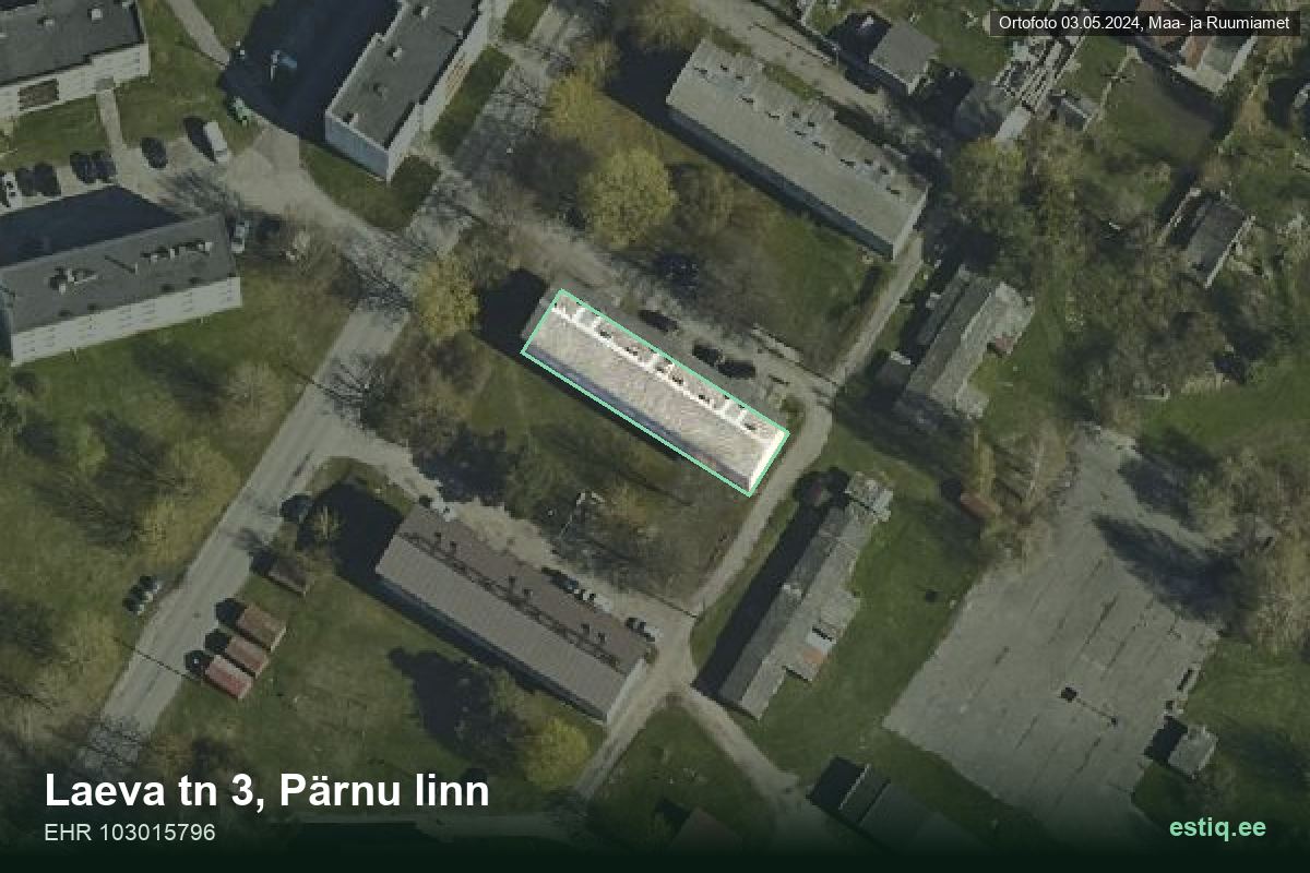 Laeva tänav 3, Pärnu – hoone aerofoto, kontuur ehitisregistri (EHR) andmetest