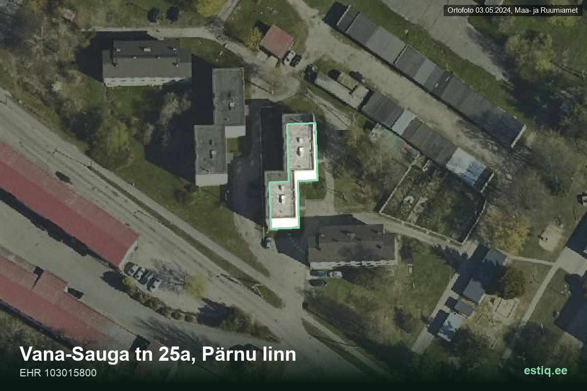 Vana-Sauga tänav 25a, Pärnu – hoone aerofoto, kontuur ehitisregistri (EHR) andmetest