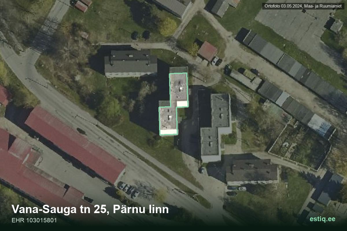 Vana-Sauga tänav 25, Pärnu – hoone aerofoto, kontuur ehitisregistri (EHR) andmetest