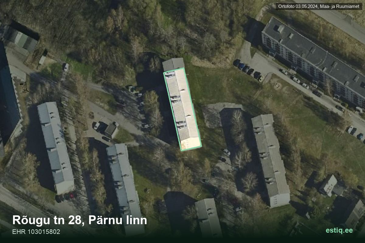 Rõugu tänav 28, Pärnu – аэрофото дома, контур по данным регистра строений (EHR)