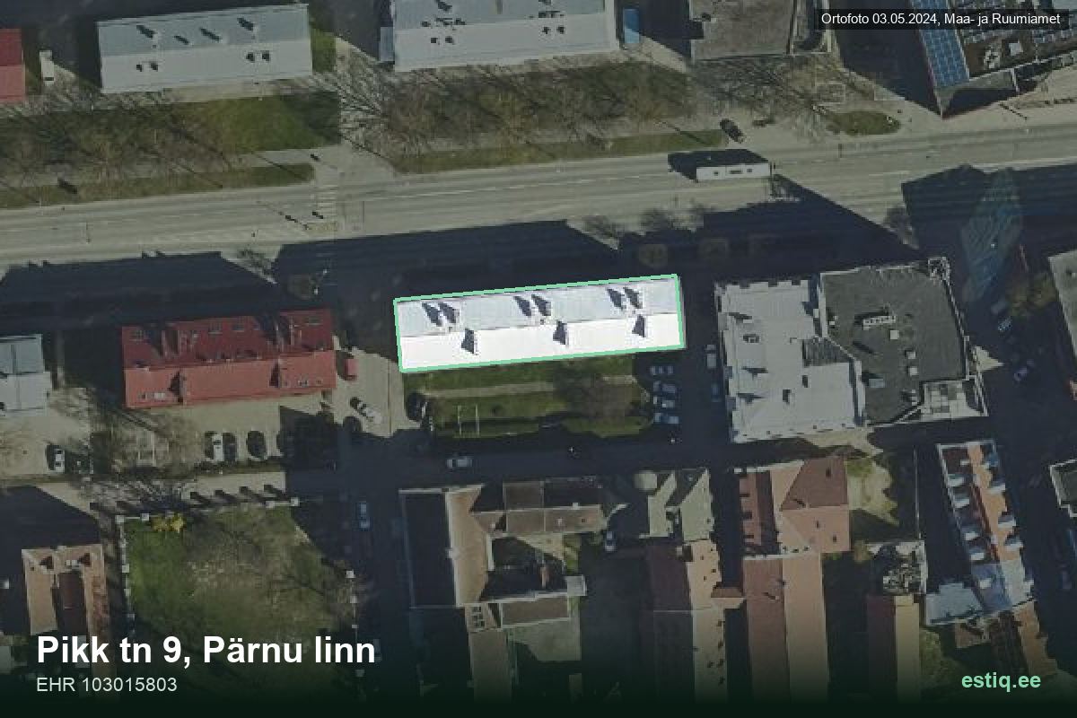 Pikk tänav 9, Pärnu – hoone aerofoto, kontuur ehitisregistri (EHR) andmetest