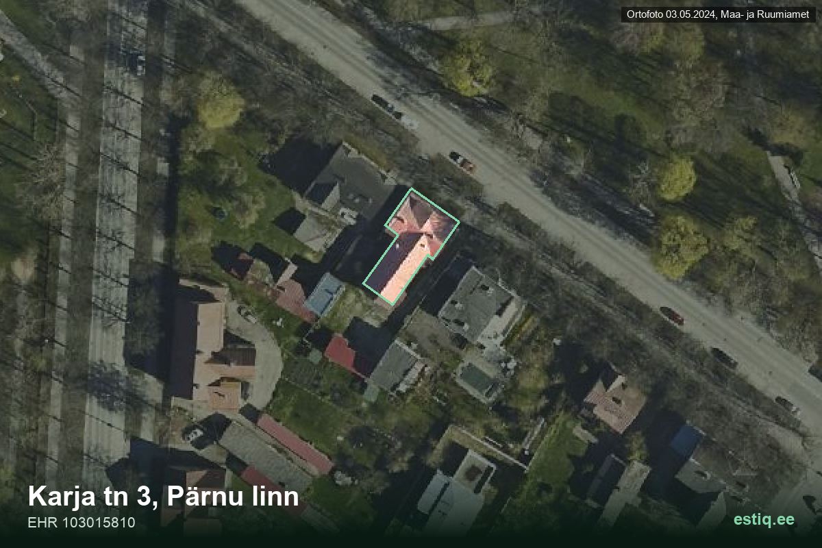 Karja tänav 3, Pärnu – аэрофото дома, контур по данным регистра строений (EHR)