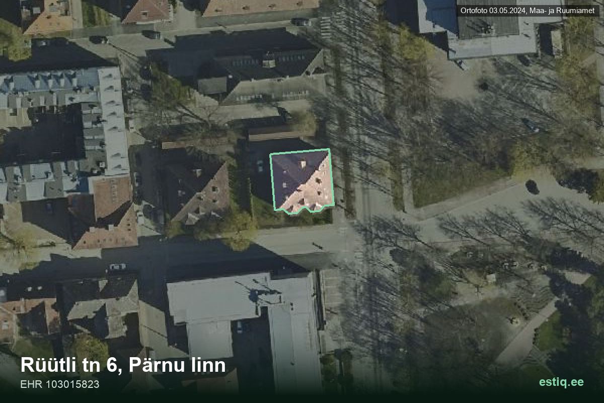 Rüütli tänav 6, Pärnu – hoone aerofoto, kontuur ehitisregistri (EHR) andmetest