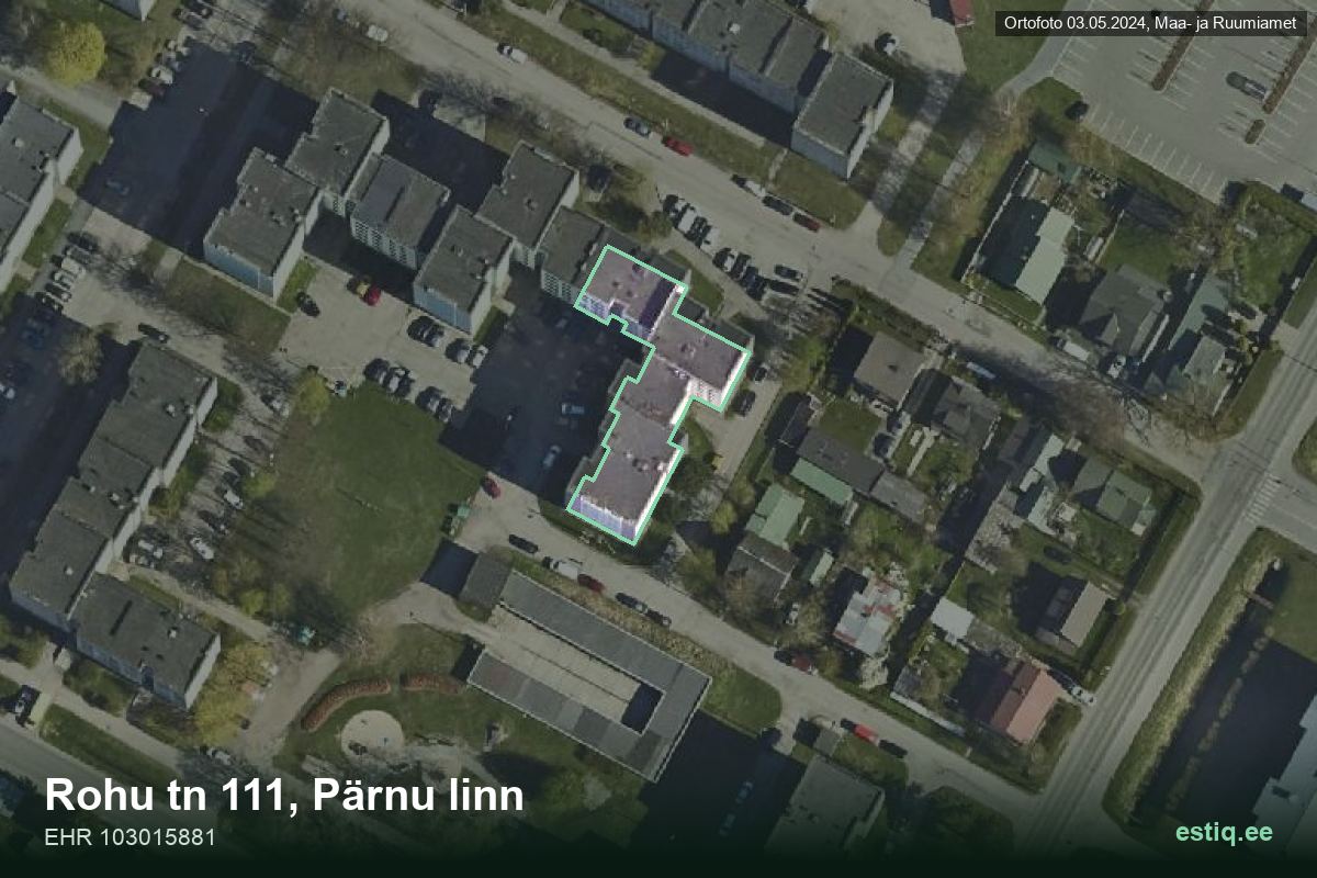 Rohu tänav 111, Pärnu – hoone aerofoto, kontuur ehitisregistri (EHR) andmetest