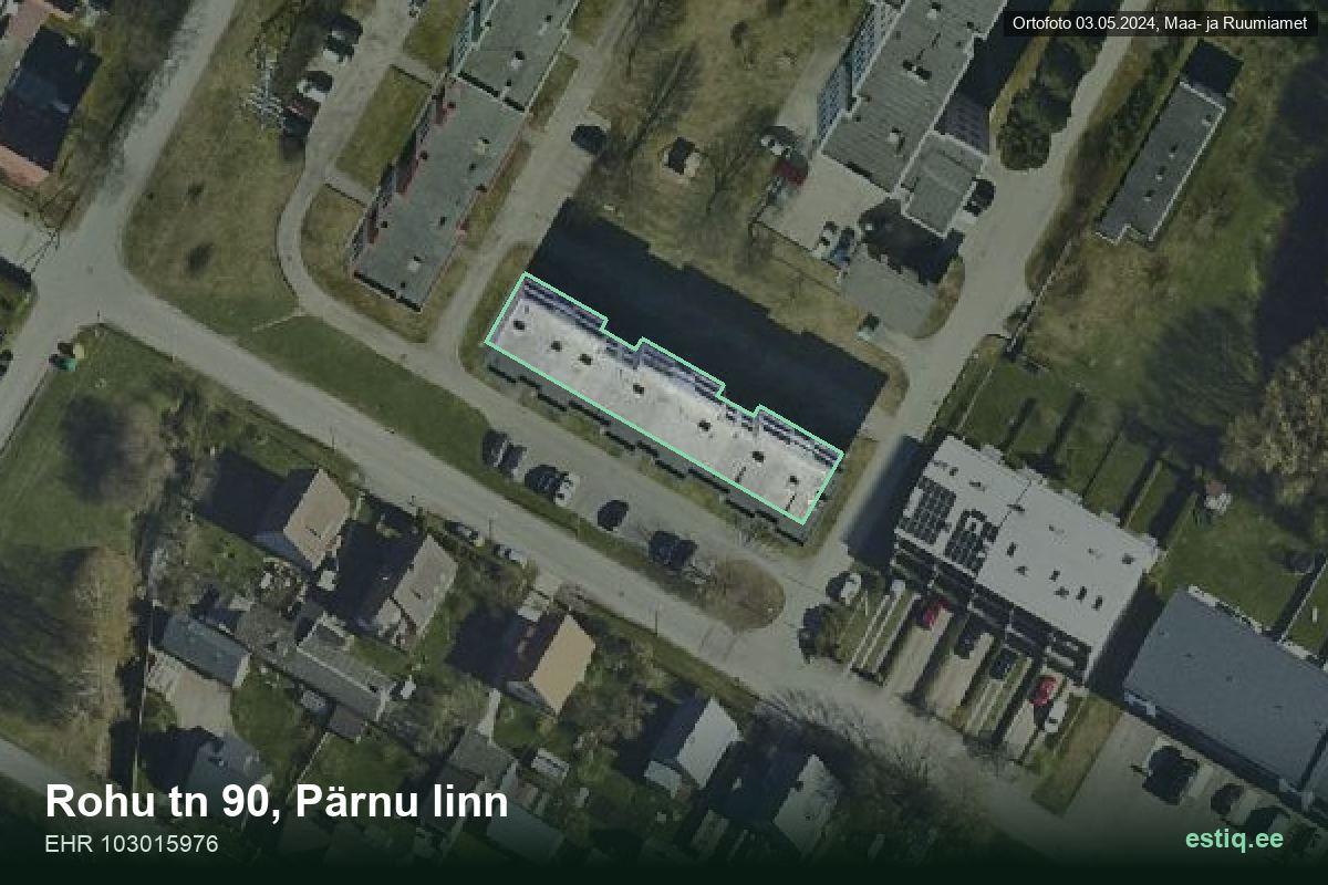 Rohu tänav 90, Pärnu – hoone aerofoto, kontuur ehitisregistri (EHR) andmetest