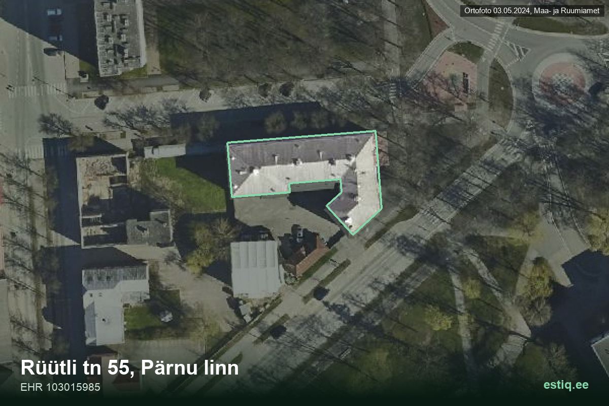 Rüütli tänav 55, Pärnu – hoone aerofoto, kontuur ehitisregistri (EHR) andmetest