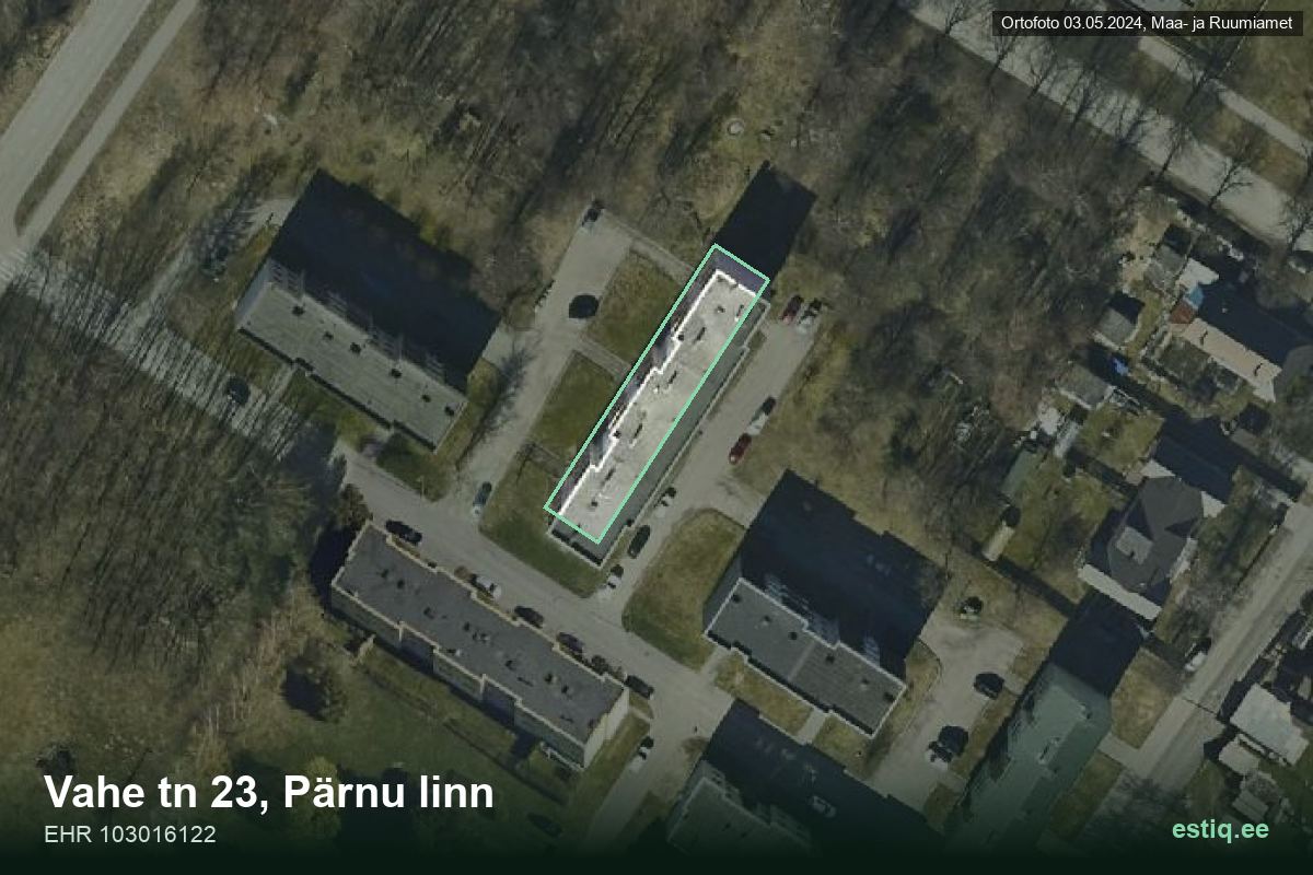 Vahe tänav 23, Pärnu – hoone aerofoto, kontuur ehitisregistri (EHR) andmetest