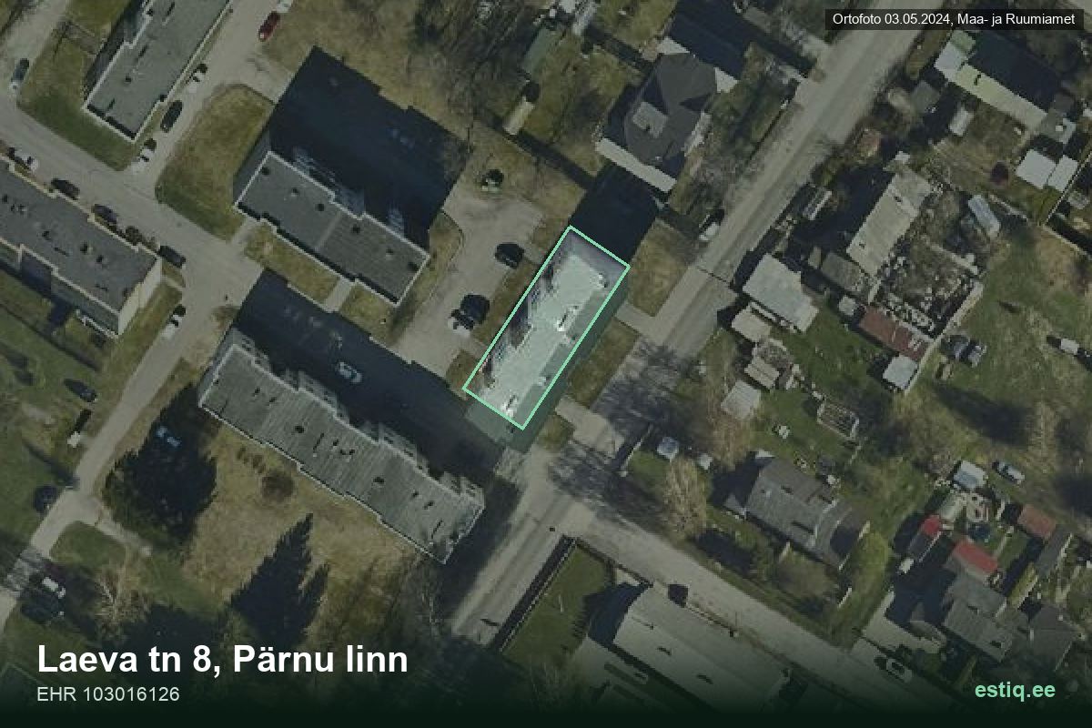 Laeva tänav 8, Pärnu – hoone aerofoto, kontuur ehitisregistri (EHR) andmetest