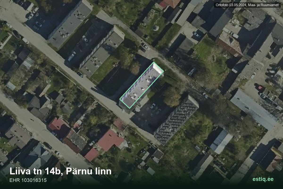 Liiva tänav 14b, Pärnu – hoone aerofoto, kontuur ehitisregistri (EHR) andmetest
