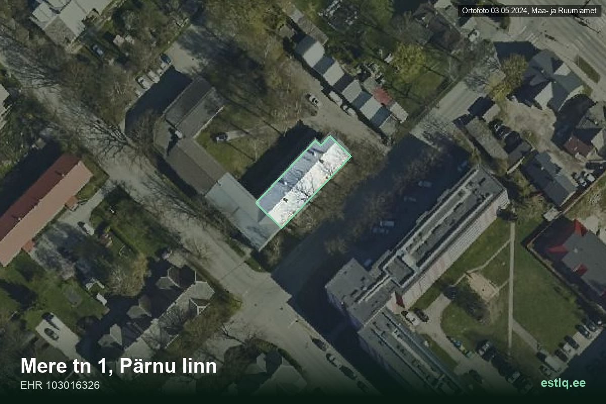 Mere tänav 1, Pärnu – ilmakuva rakennuksesta, ääriviiva rakennusrekisteristä (EHR)