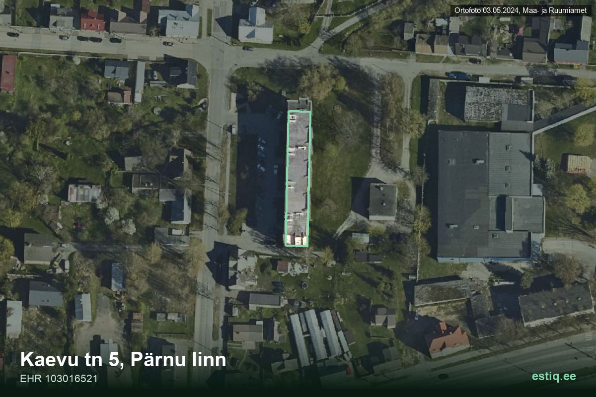 Kaevu tänav 5, Pärnu – hoone aerofoto, kontuur ehitisregistri (EHR) andmetest