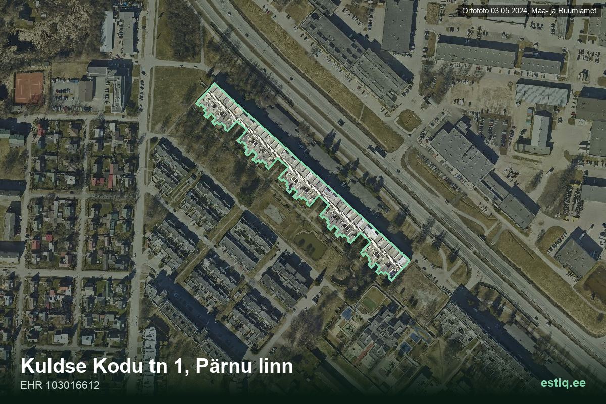 Kuldse Kodu tänav 1, Pärnu – hoone aerofoto, kontuur ehitisregistri (EHR) andmetest