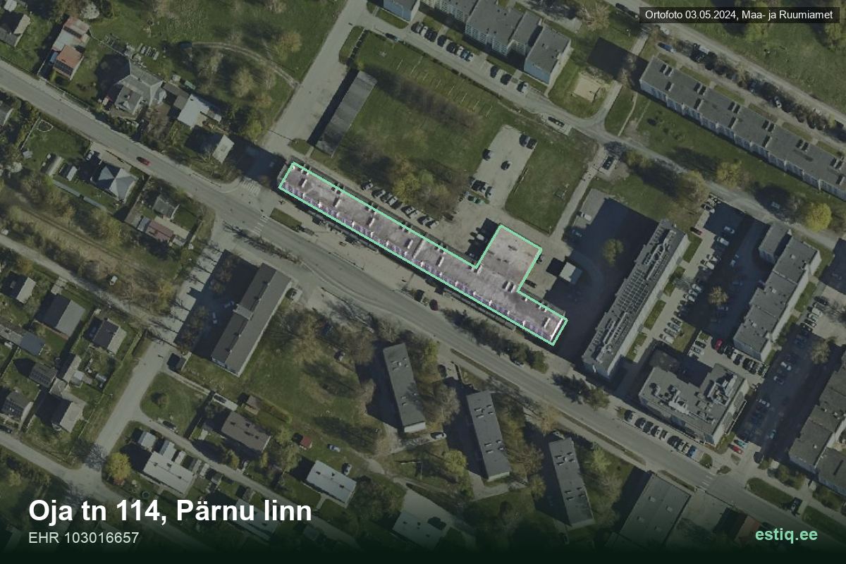 Oja tänav 114, Pärnu – ilmakuva rakennuksesta, ääriviiva rakennusrekisteristä (EHR)