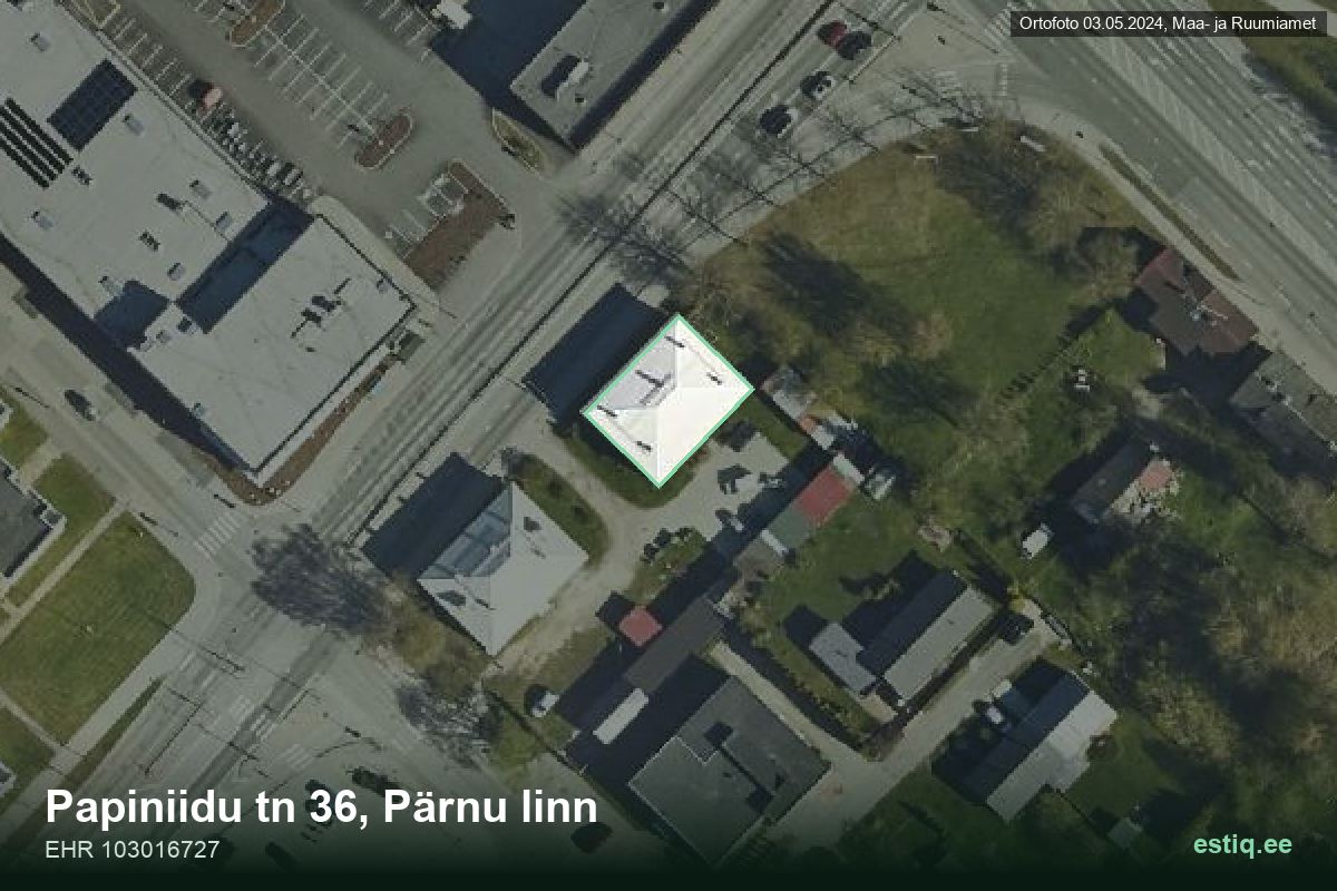 Papiniidu tänav 36, Pärnu – hoone aerofoto, kontuur ehitisregistri (EHR) andmetest