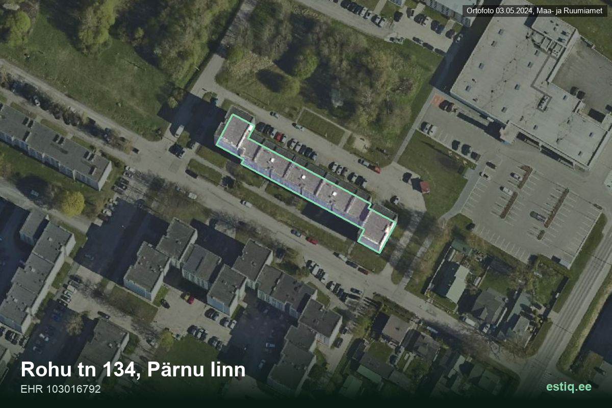 Rohu tänav 134, Pärnu – hoone aerofoto, kontuur ehitisregistri (EHR) andmetest