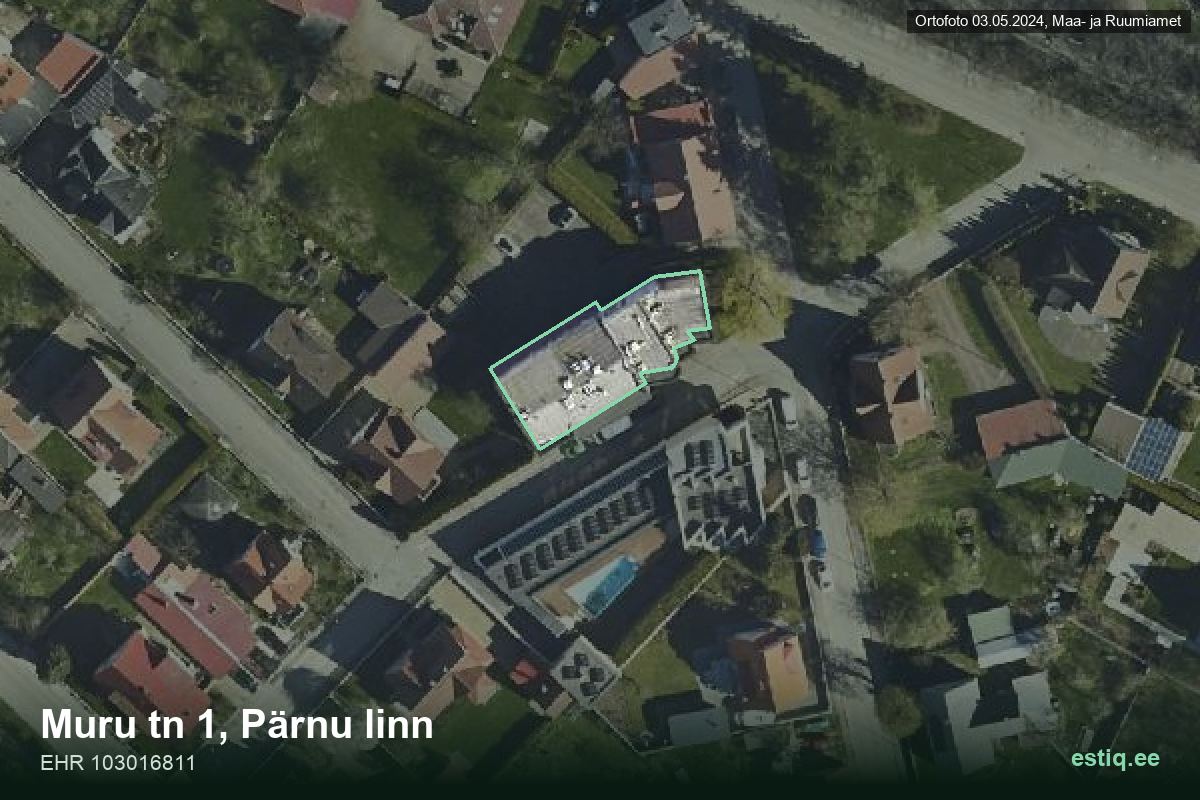 Muru tänav 1, Pärnu – аэрофото дома, контур по данным регистра строений (EHR)
