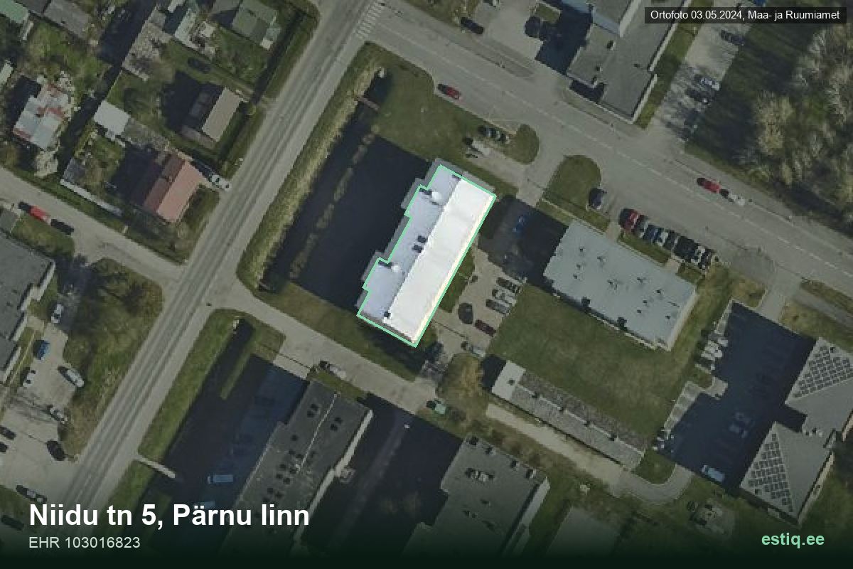 Niidu tänav 5, Pärnu – hoone aerofoto, kontuur ehitisregistri (EHR) andmetest