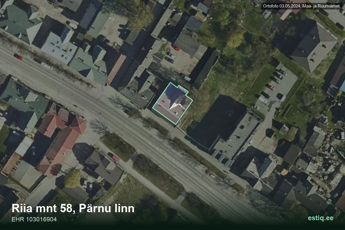 Riia mnt 58, Pärnu – hoone aerofoto, kontuur ehitisregistri (EHR) andmetest