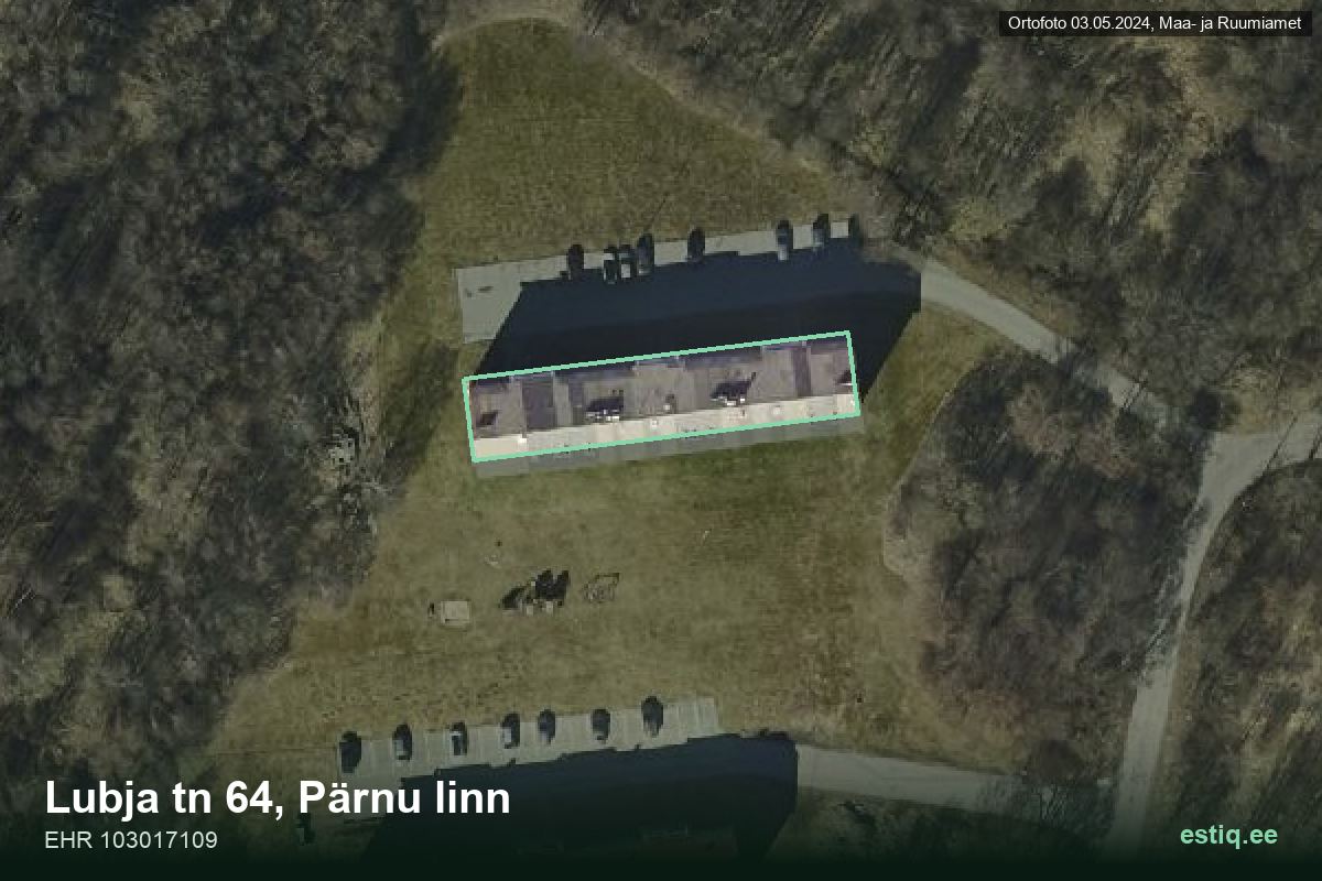 Lubja tänav 64, Pärnu – ilmakuva rakennuksesta, ääriviiva rakennusrekisteristä (EHR)