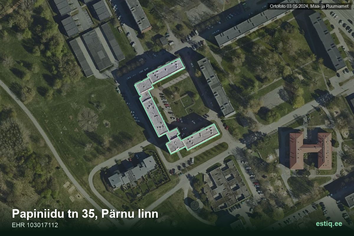 Papiniidu tänav 35, Pärnu – hoone aerofoto, kontuur ehitisregistri (EHR) andmetest
