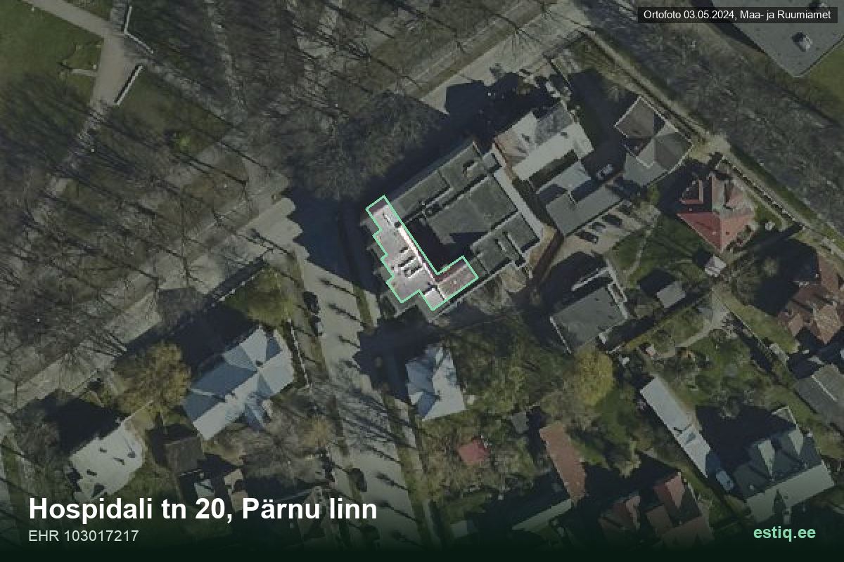 Hospidali tänav 20, Pärnu – hoone aerofoto, kontuur ehitisregistri (EHR) andmetest