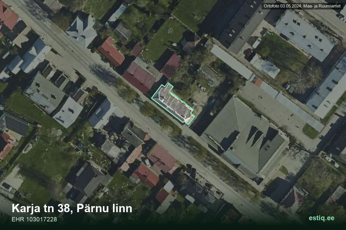 Karja tänav 38, Pärnu – hoone aerofoto, kontuur ehitisregistri (EHR) andmetest