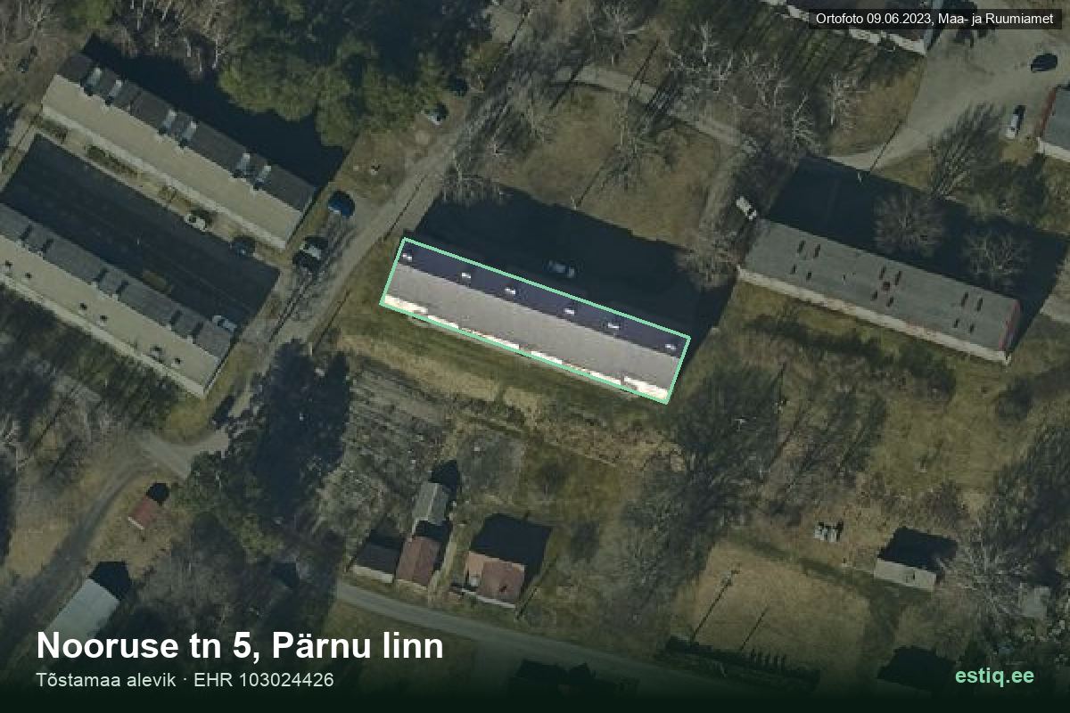 Nooruse tänav 5, Pärnu – hoone aerofoto, kontuur ehitisregistri (EHR) andmetest