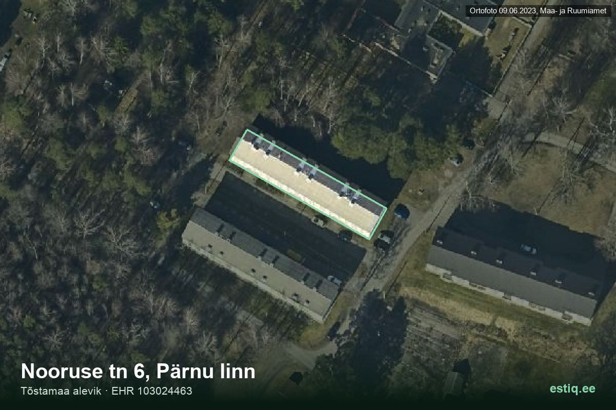 Nooruse tänav 6, Pärnu – hoone aerofoto, kontuur ehitisregistri (EHR) andmetest