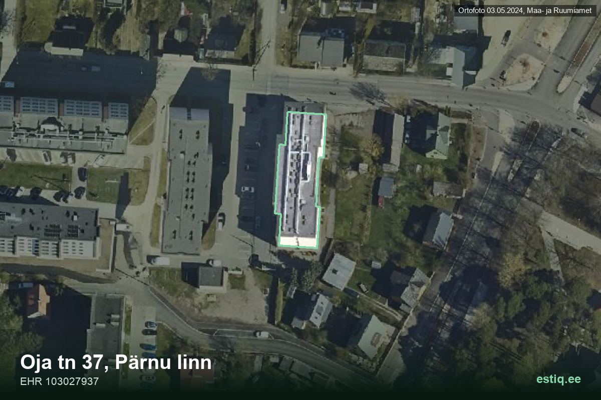 Oja tänav 37, Pärnu – hoone aerofoto, kontuur ehitisregistri (EHR) andmetest