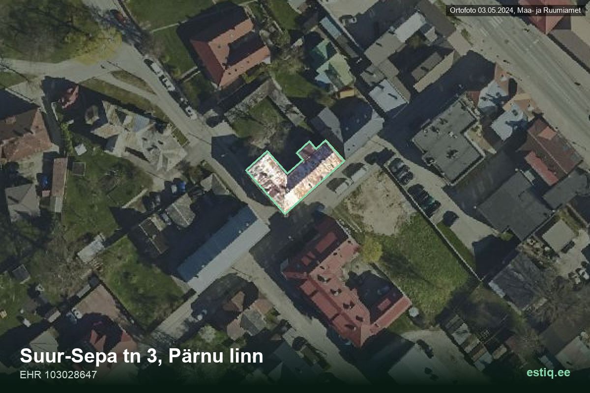 Suur-Sepa tänav 3, Pärnu – hoone aerofoto, kontuur ehitisregistri (EHR) andmetest