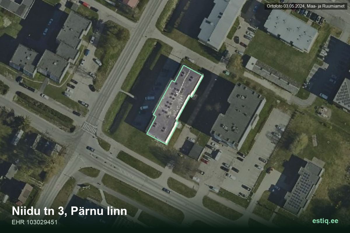 Niidu tänav 3, Pärnu – hoone aerofoto, kontuur ehitisregistri (EHR) andmetest