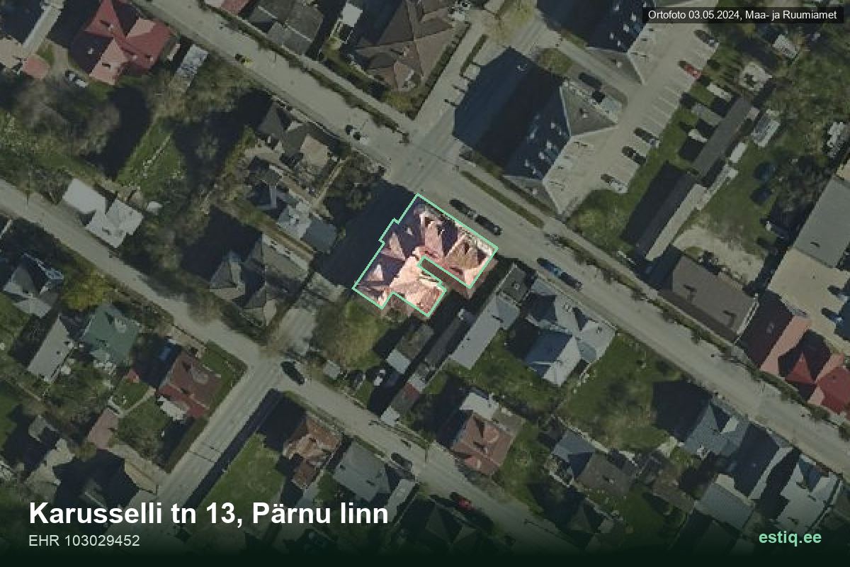 Karusselli tänav 13, Pärnu – аэрофото дома, контур по данным регистра строений (EHR)