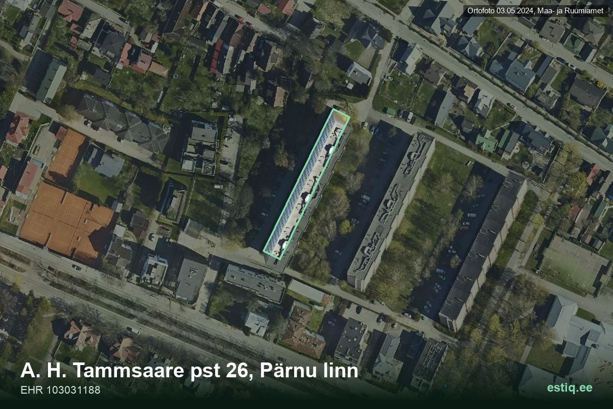 Tammsaare pst 26, Pärnu – hoone aerofoto, kontuur ehitisregistri (EHR) andmetest