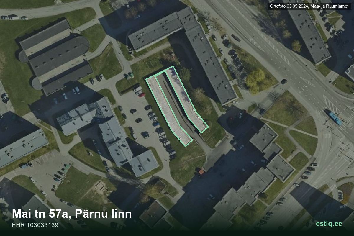 Mai tänav 57a, Pärnu – hoone aerofoto, kontuur ehitisregistri (EHR) andmetest
