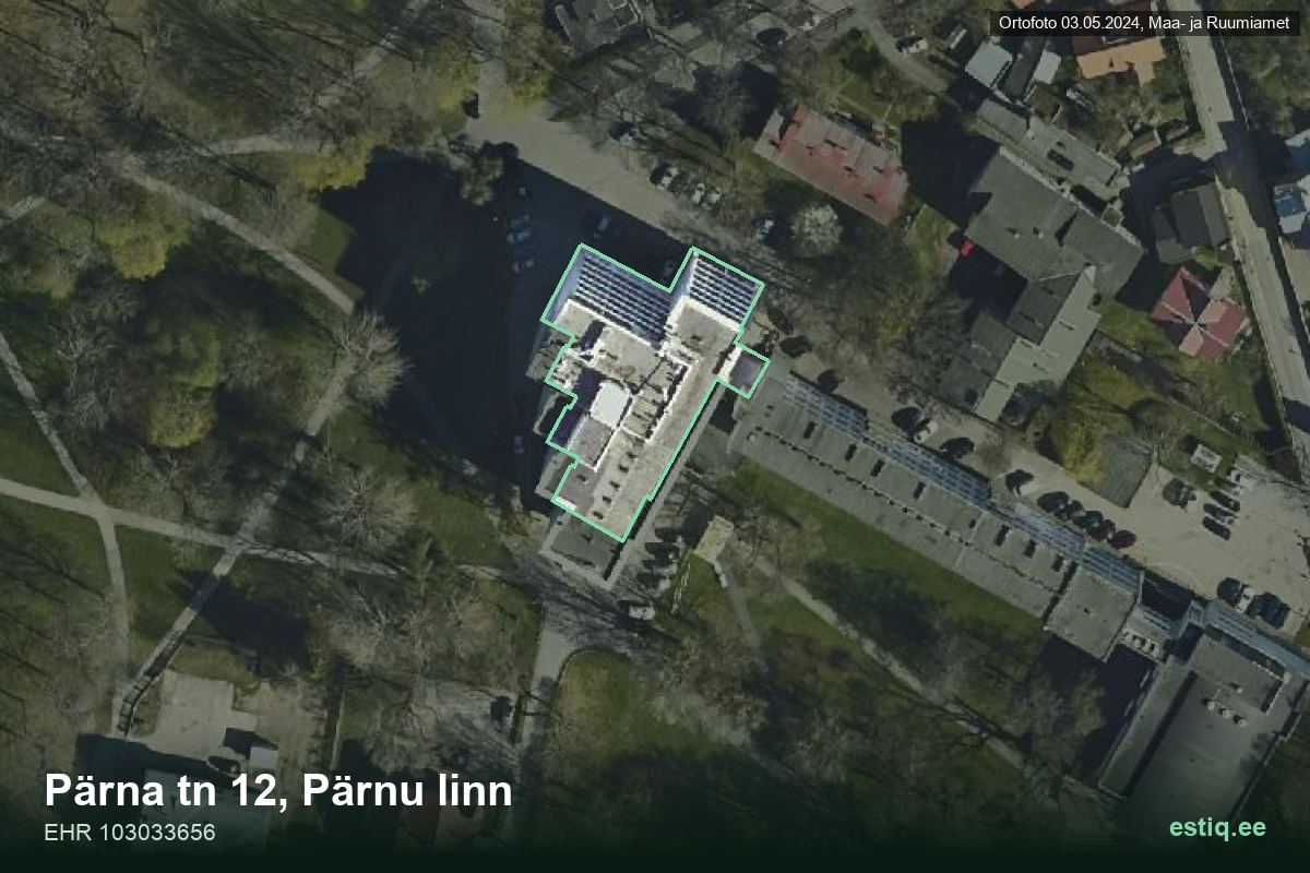 Pärna tn 12, Pärnu linn – аэрофото дома, контур по данным регистра строений (EHR)