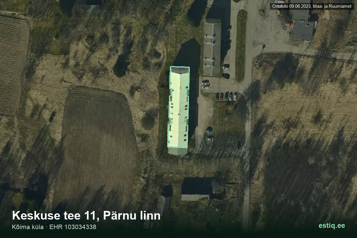 Keskuse tee 11, Pärnu – hoone aerofoto, kontuur ehitisregistri (EHR) andmetest