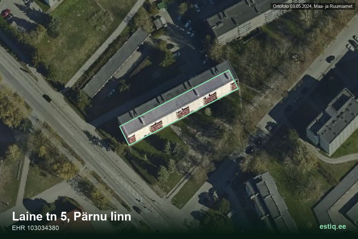 Laine tänav 5, Pärnu – hoone aerofoto, kontuur ehitisregistri (EHR) andmetest