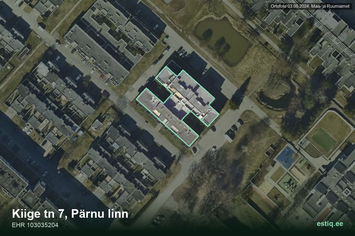 Kiige tänav 7, Pärnu – hoone aerofoto, kontuur ehitisregistri (EHR) andmetest