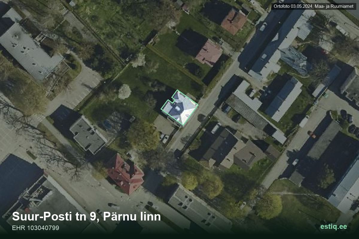 Suur-Posti tänav 9, Pärnu – hoone aerofoto, kontuur ehitisregistri (EHR) andmetest