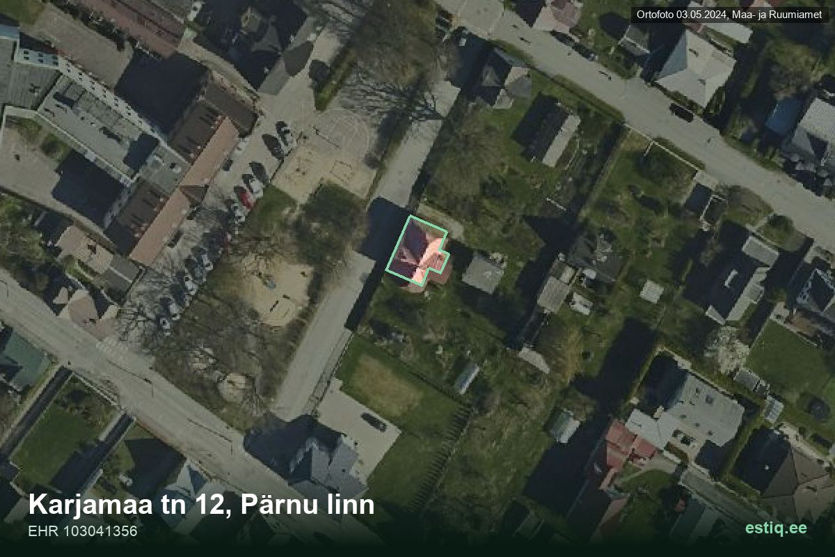 Karjamaa tänav 12, Pärnu – hoone aerofoto, kontuur ehitisregistri (EHR) andmetest